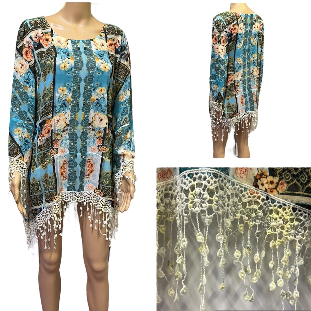 Harlow Zee Floral Lightweight Flowy Crochet Lace Fringe Tunic Blouse Top Small
